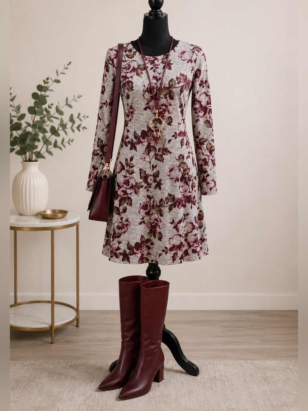 Worthington Gray Floral Long-Sleeve Swing Dress with Burgundy Print